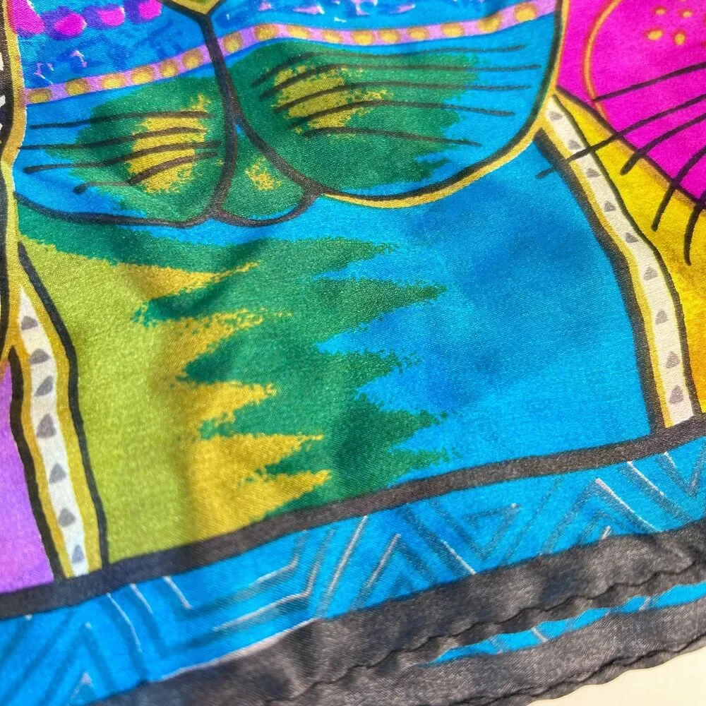 Laurel Burch Vibrant Multicolor Abstract Cat Print 100% Silk Rectangle Scarf